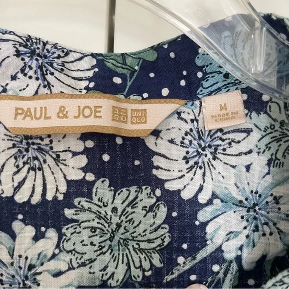 Uniqlo x Paul & Joe Navy Blue Floral Button Down Puff Sleeve Tiered Dress Size M - Picture 12 of 16